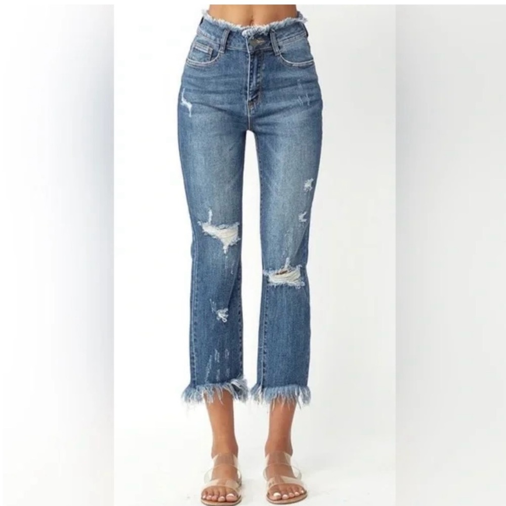 Risen Denim Jeans Straight Leg Frayed Waist & Ankle, Distressed Women’s, Size 3